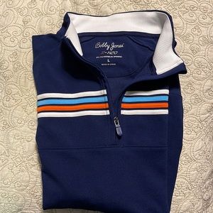 1/4 zip pullover - Bobby Jones - mens large - navy blue w stripes -no rips/tears